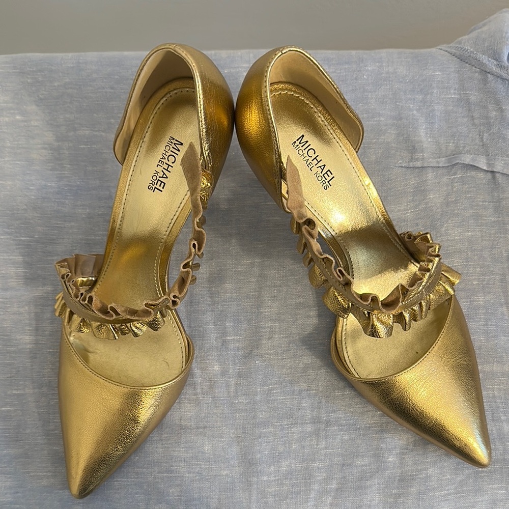 Michael Kors Gold Kitten Heel Pumps with Ruffled Strap
